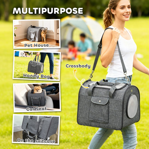 Gray textured pawhut cat carrier with circular window mesh door size and adjustable shoulder strap for small pets