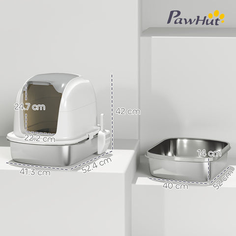 White and silver pawhut stainless steel cat litter box with lid and flip cover designed for easy self-cleaning