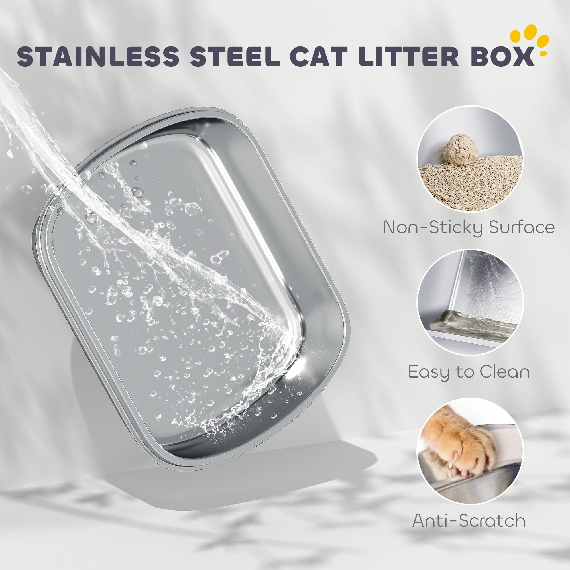 Pawhut stainless steel cat litter box with lid features a sleek reflective surface and rounded corners for easy use