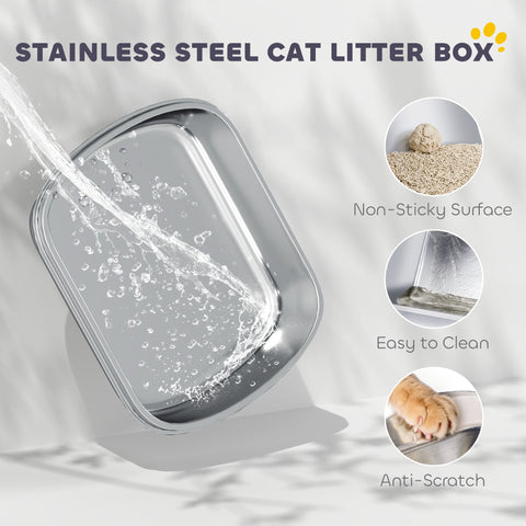 Pawhut stainless steel cat litter box with lid features a sleek reflective surface and rounded corners for easy use