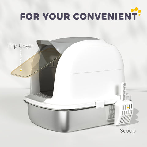 Pawhut stainless steel cat litter box with lid flip cover white and gray enclosed modern cat litter box