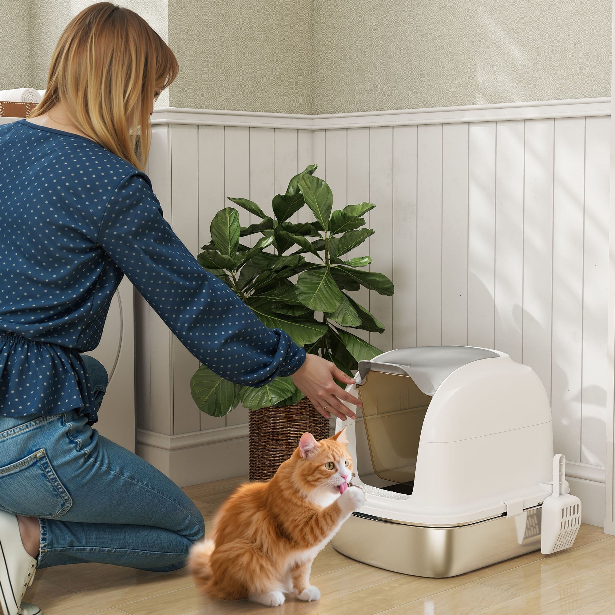 White and silver pawhut stainless steel cat litter box with sleek lid and integrated side scoop for easy cleaning
