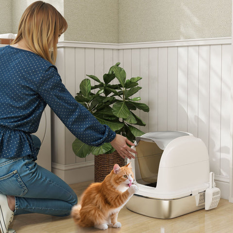 White and silver pawhut stainless steel cat litter box with sleek lid and integrated side scoop for easy cleaning