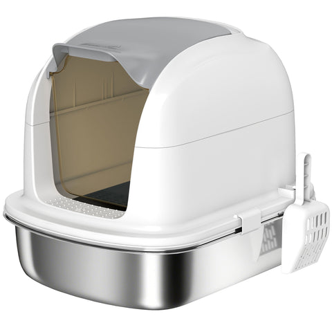White and gray plastic cat litter box with stainless steel base and attached white scoop for easy cleaning