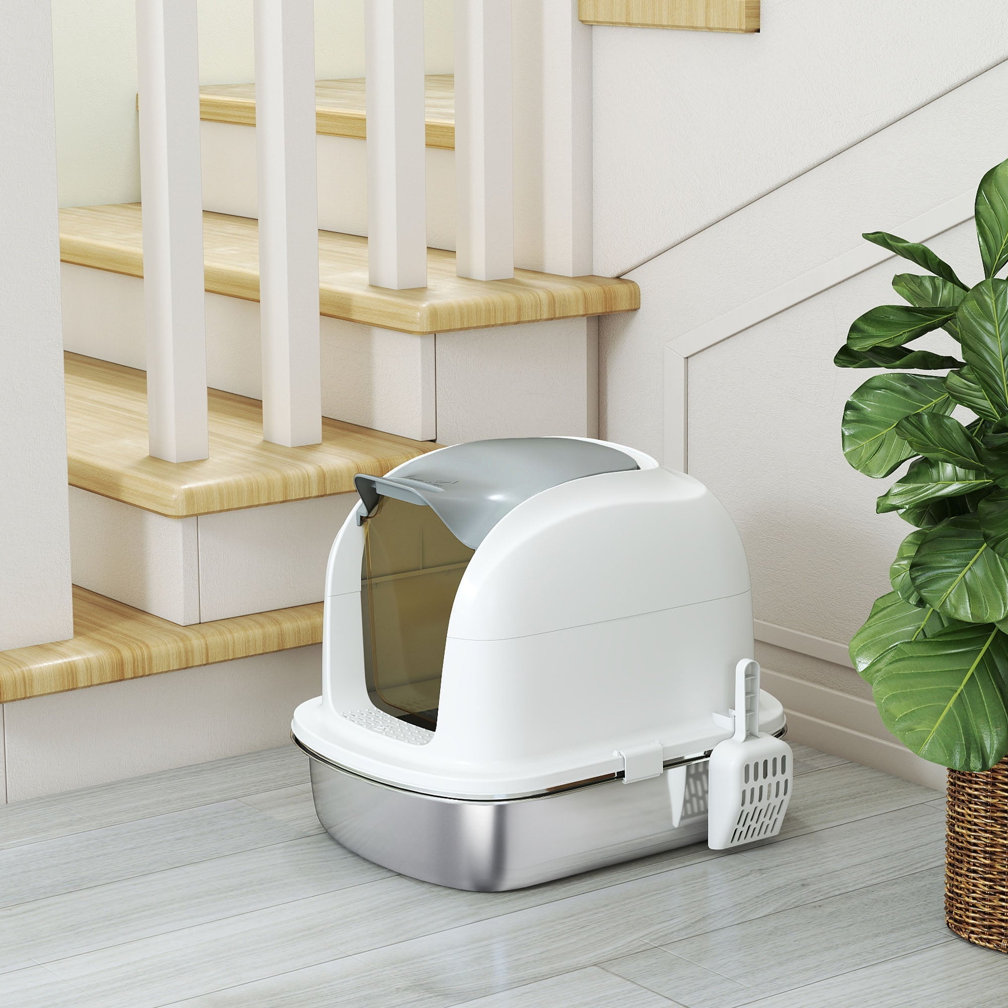 White and silver pawhut stainless steel cat litter box with lid and sleek curved design for enclosed use