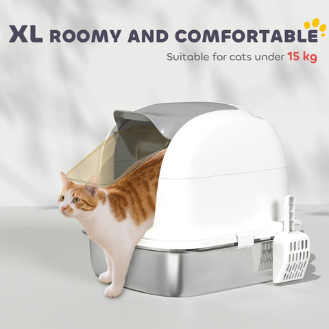 White and gray stainless steel cat litter box with transparent front panel and flip cover for easy scooping