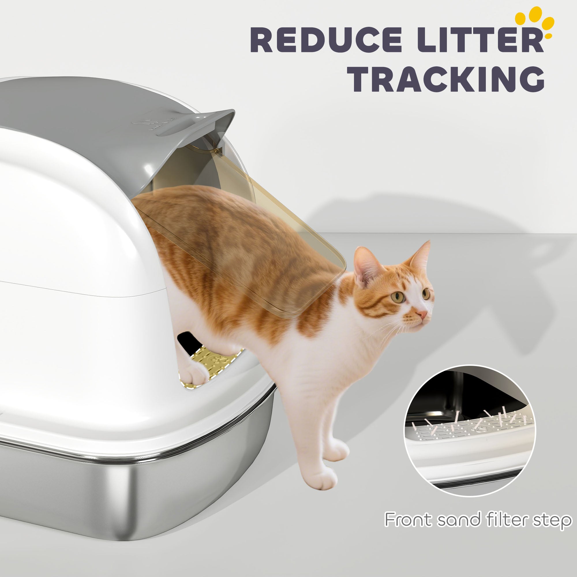 White and silver pawhut stainless steel cat litter box with lid and transparent front panel for easy access