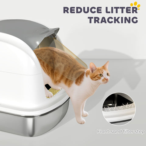 White and silver pawhut stainless steel cat litter box with lid and transparent front panel for easy access