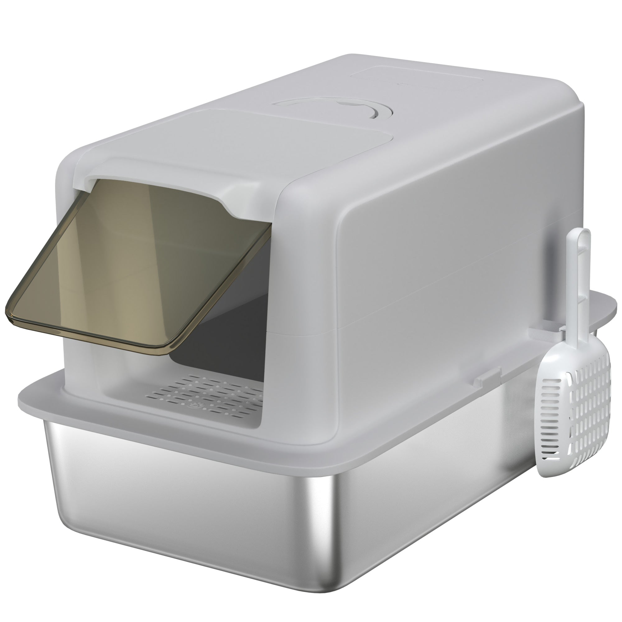 Gray pawhut stainless steel cat litter box with translucent brown lid and attached white scoop for larger cats