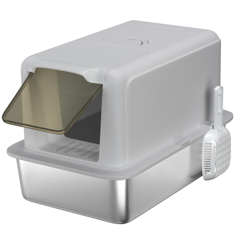 Gray pawhut stainless steel cat litter box with translucent brown lid and attached white scoop for larger cats
