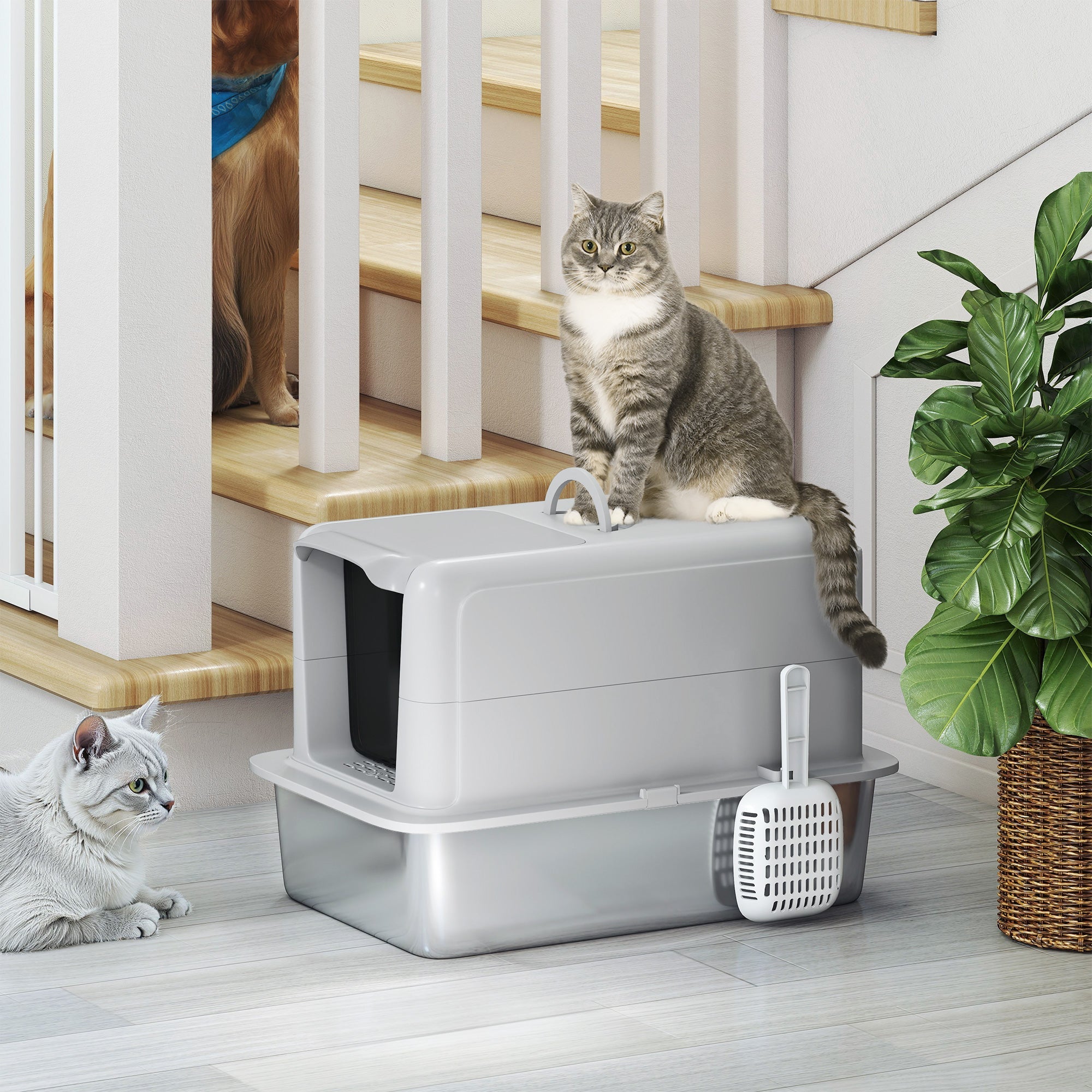 Gray pawhut stainless steel cat litter box with removable lid and scoop for larger cats