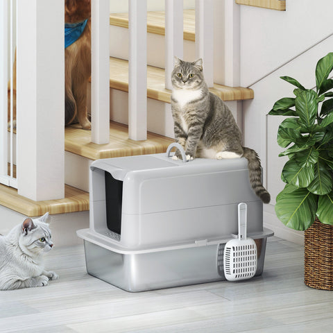 Gray pawhut stainless steel cat litter box with removable lid and scoop for larger cats