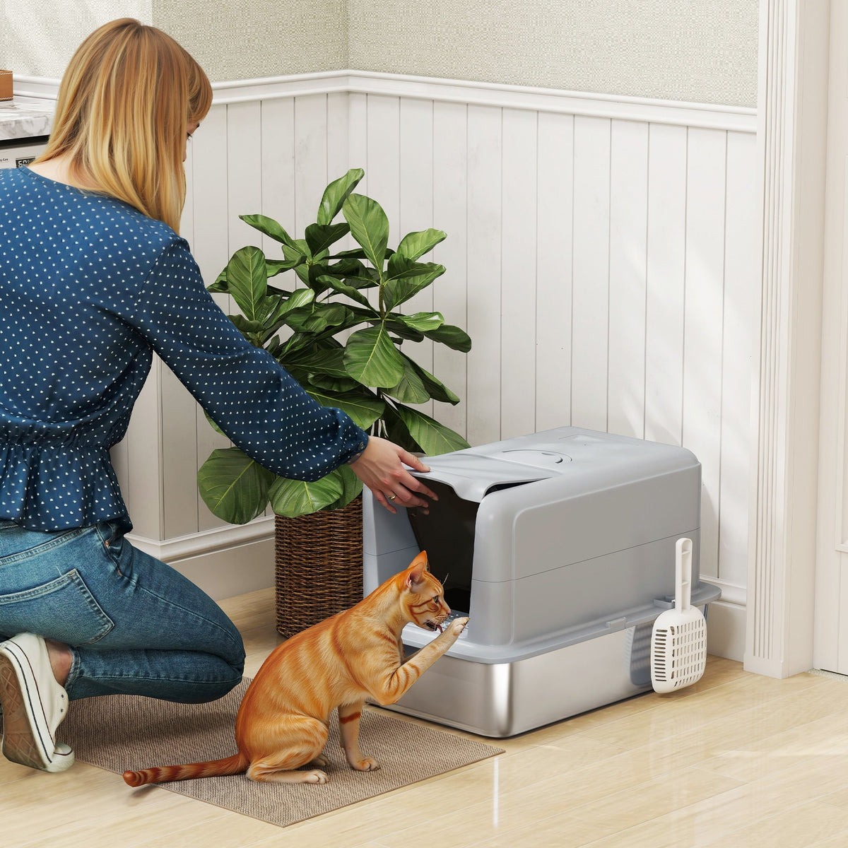 Gray stainless steel cat litter box with removable lid and white scoop for larger cats by pawhut