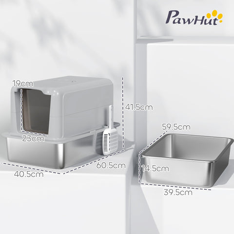 Gray stainless steel pawhut cat litter box with removable lid and integrated scoop for larger cats