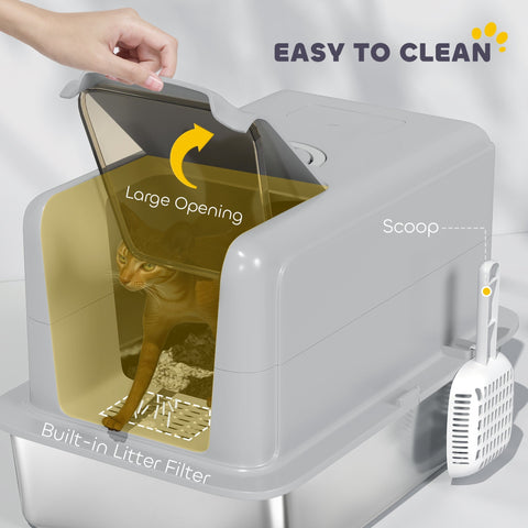 Gray stainless steel cat litter box by pawhut with transparent lid and built-in filter for larger cats