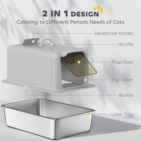Gray pawhut stainless steel cat litter box with flap door handle and tray for easy access and large cats