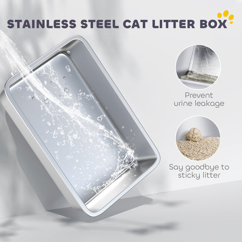 Pawhut stainless steel cat litter box with removable lid scoop and filter bags in sleek grey for larger cats