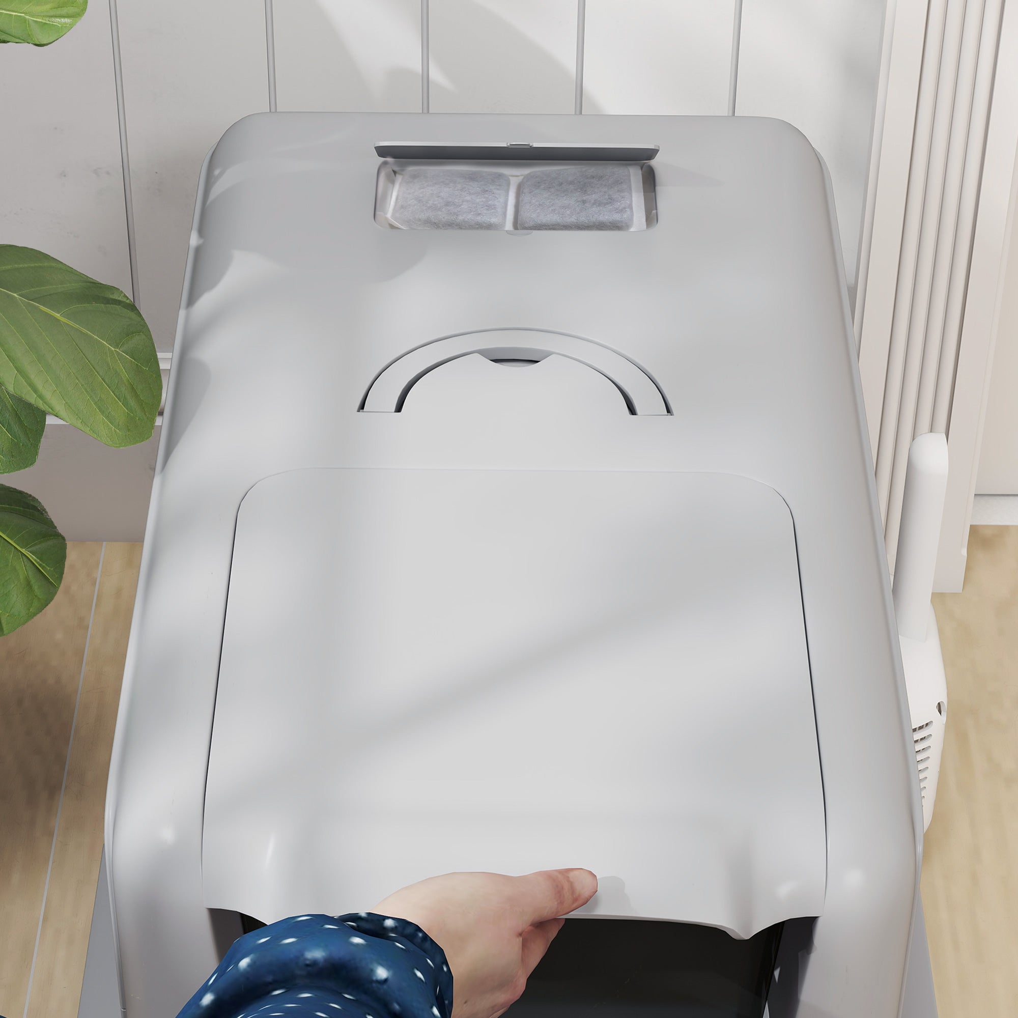 Gray plastic cat litter box with curved lid and two transparent compartments for larger cats by pawhut