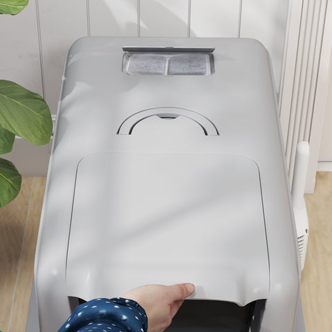 Gray plastic cat litter box with curved lid and two transparent compartments for larger cats by pawhut
