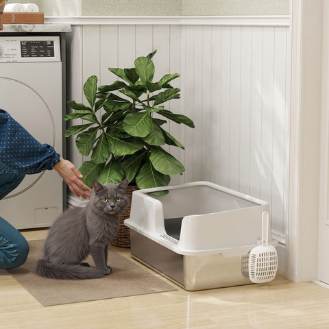 White and silver pawhut stainless steel litter box with detachable rim scoop and sand drop area tray resists odours