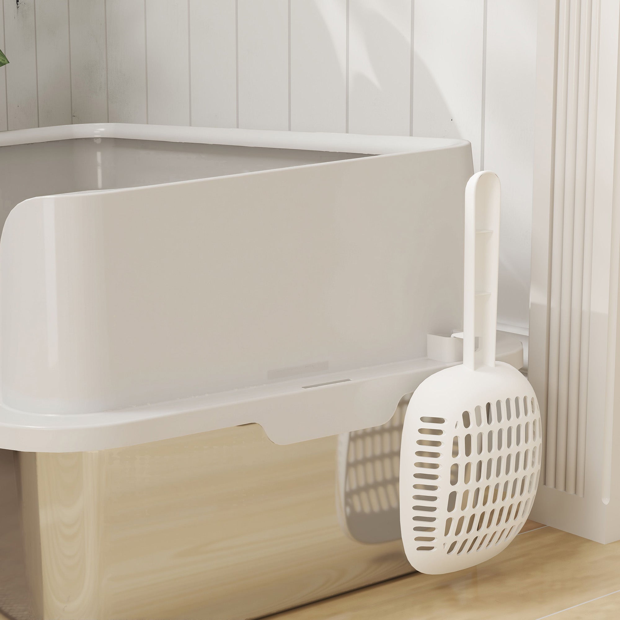 White plastic cat litter scoop with handle for easy cleaning of pawhut stainless steel litter box that resists odours