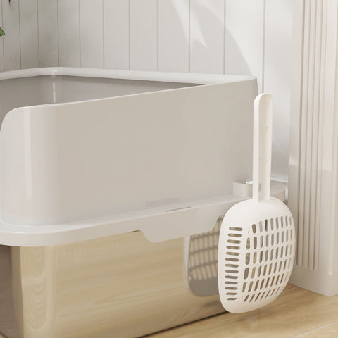 White plastic cat litter scoop with handle for easy cleaning of pawhut stainless steel litter box that resists odours