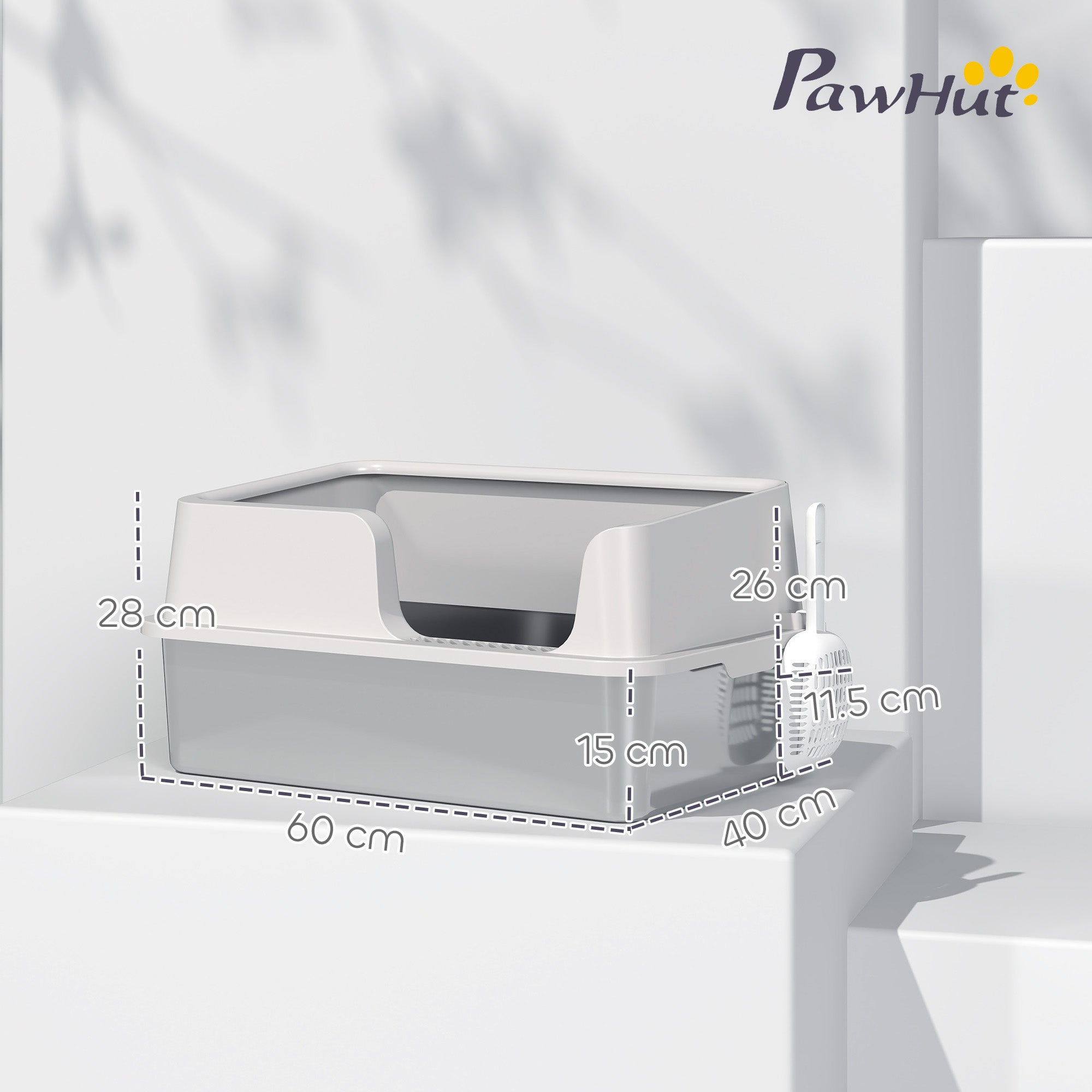 Pawhut stainless steel gray litter box with detachable rim and integrated handle, tray resists odours and sand drop area