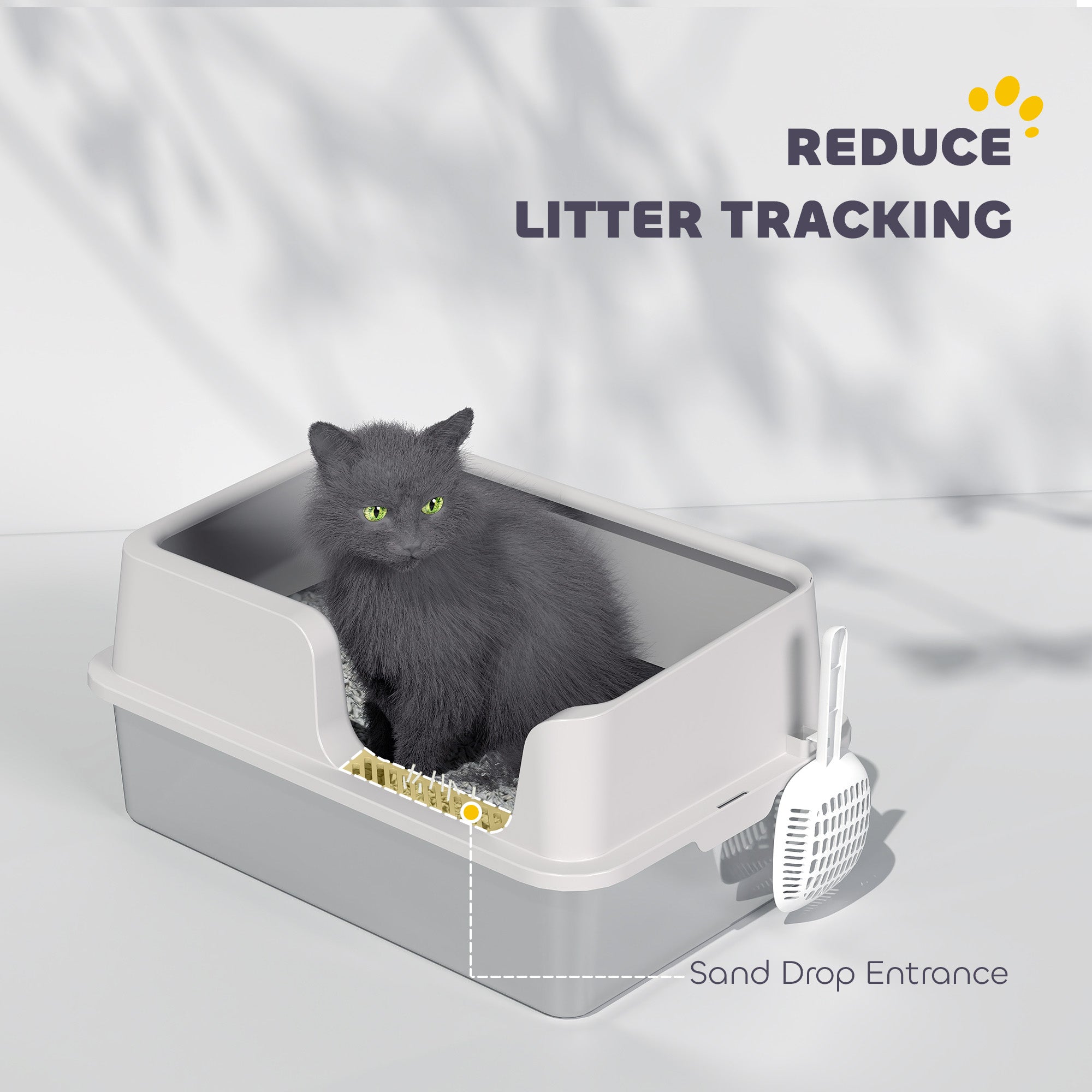 Gray plastic cat litter box with sand drop area and attached scoop pawHut stainless steel tray resists odours