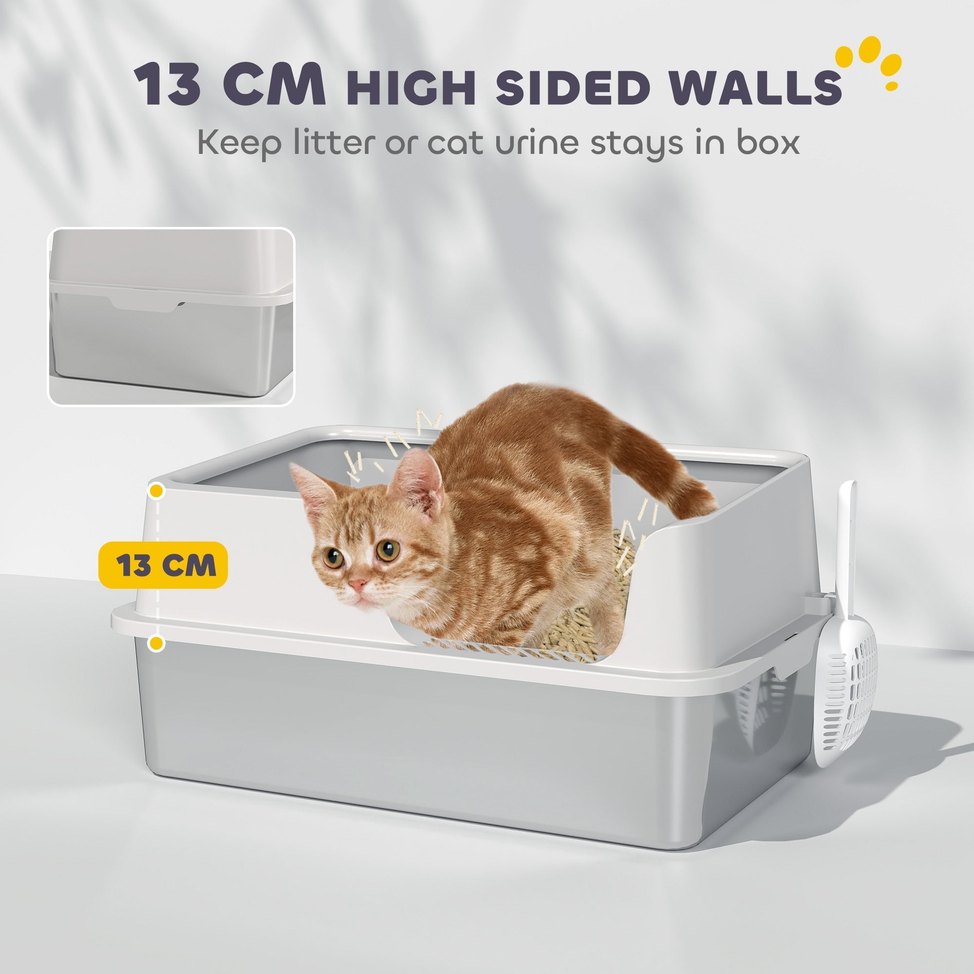 Gray plastic cat litter box with 13 cm high sides and built-in scoop tray resists odours with sand drop area