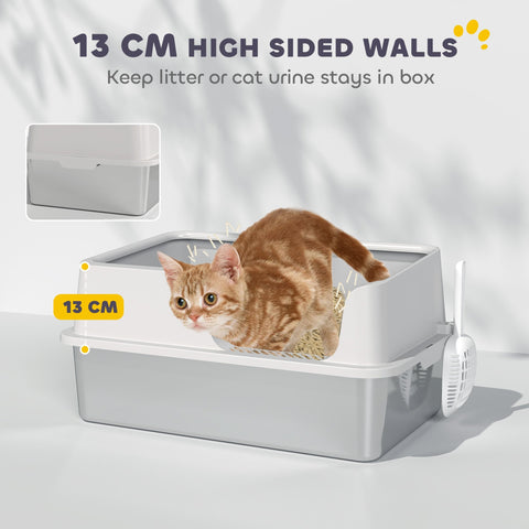 Gray plastic cat litter box with 13 cm high sides and built-in scoop tray resists odours with sand drop area