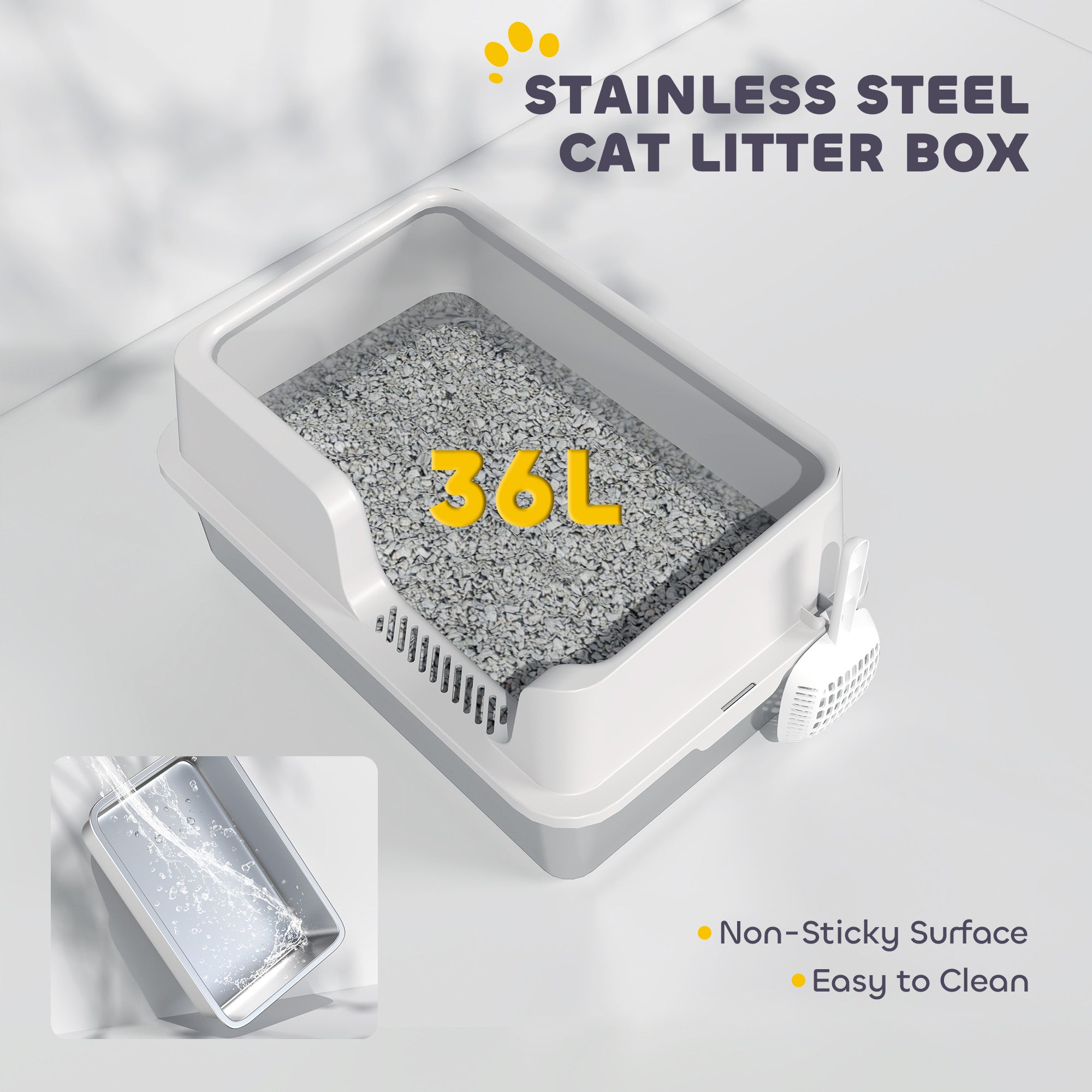 Pawhut stainless steel cat litter box with detachable rim gray interior tray resists odours and sand drop area for easy cleaning