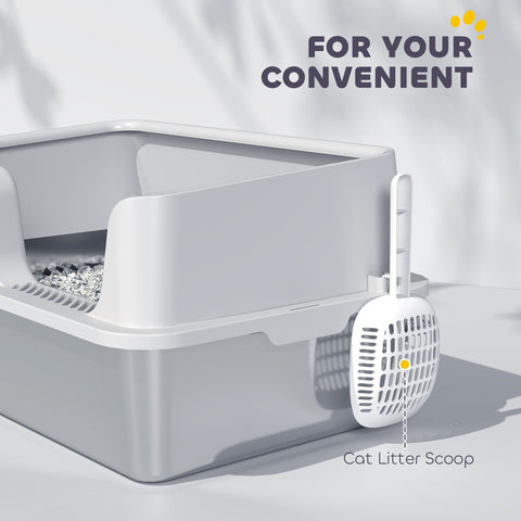 White plastic cat litter scoop with handle attached to gray stainless steel pawhut litter box tray resists odours