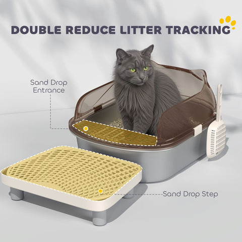 Gray cat sitting in a brown and gray stainless steel litter box with yellow mesh sand drop step beside it for easy cleaning
