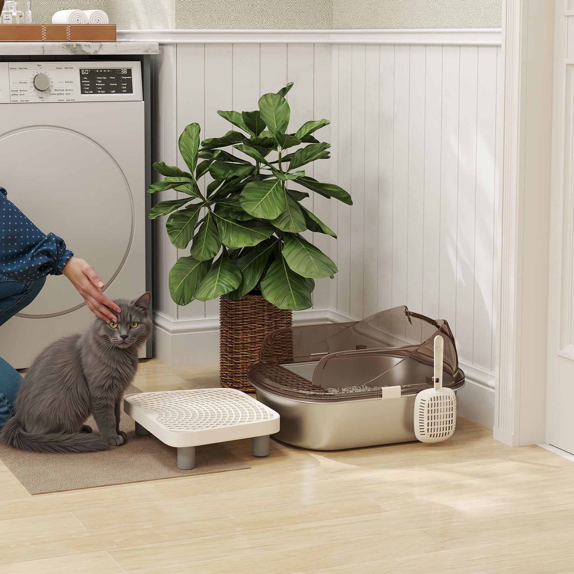 Gray cat sits next to a beige pawhut stainless steel litter box with lid scoop and high wall sided enclosure