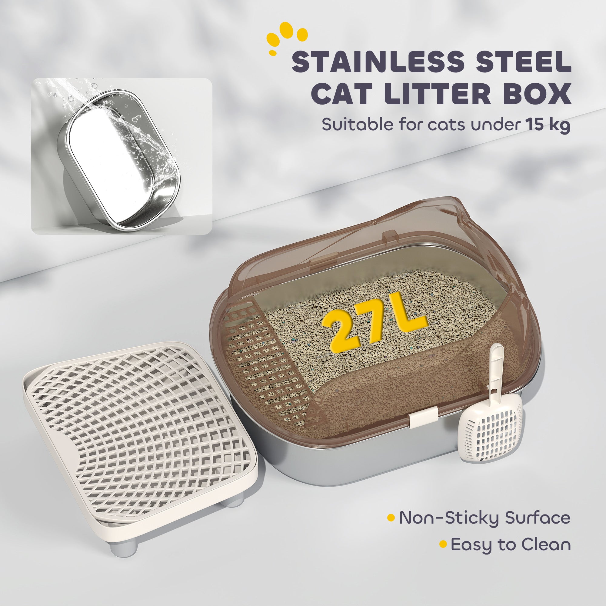 Pawhut stainless steel litter box with 27l capacity transparent brown lid silver base non-sticky easy cleaning