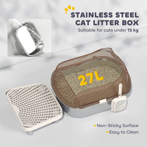 Pawhut stainless steel litter box with 27l capacity transparent brown lid silver base non-sticky easy cleaning