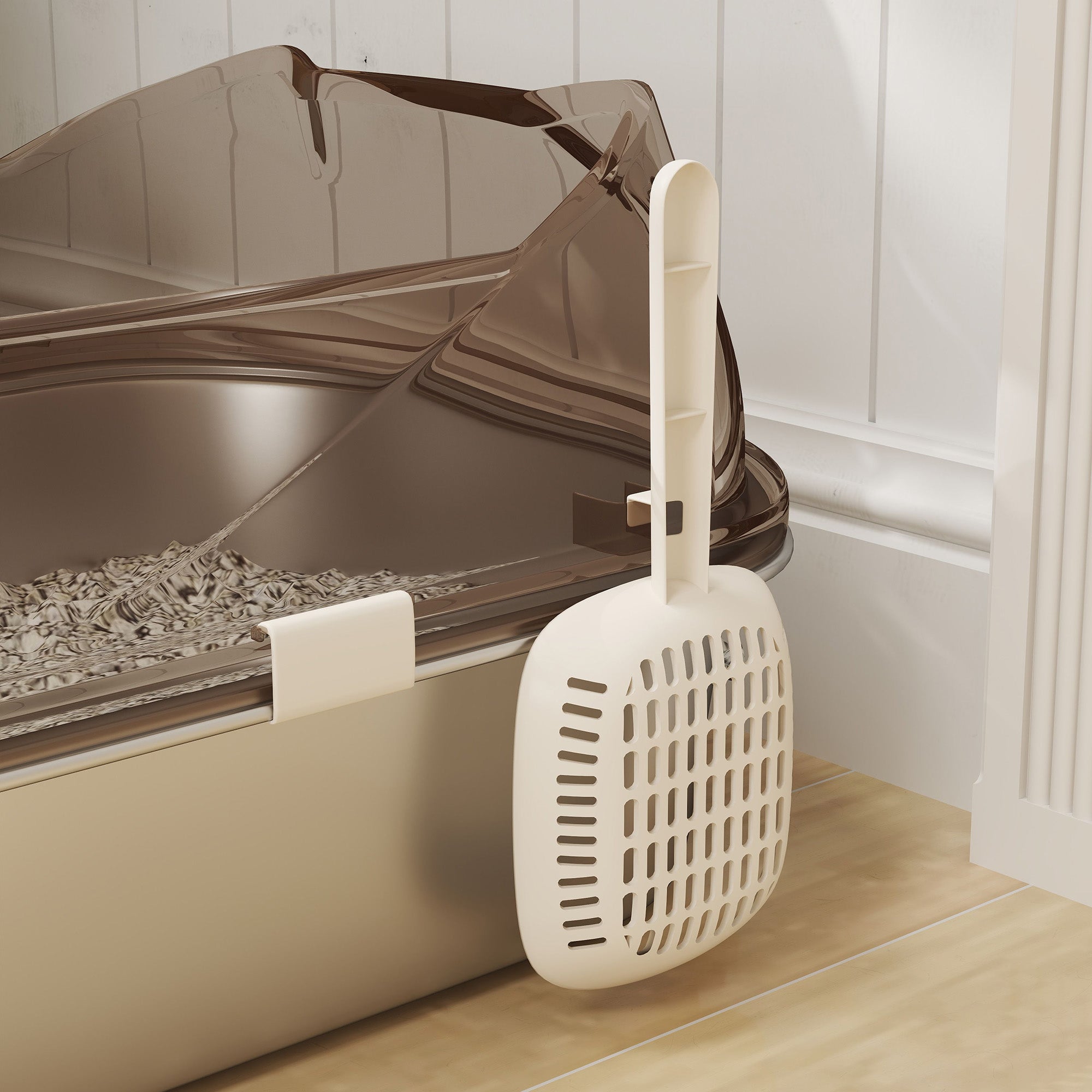 White plastic cat litter scoop with slots for easy cleaning included with pawhut stainless steel litter box