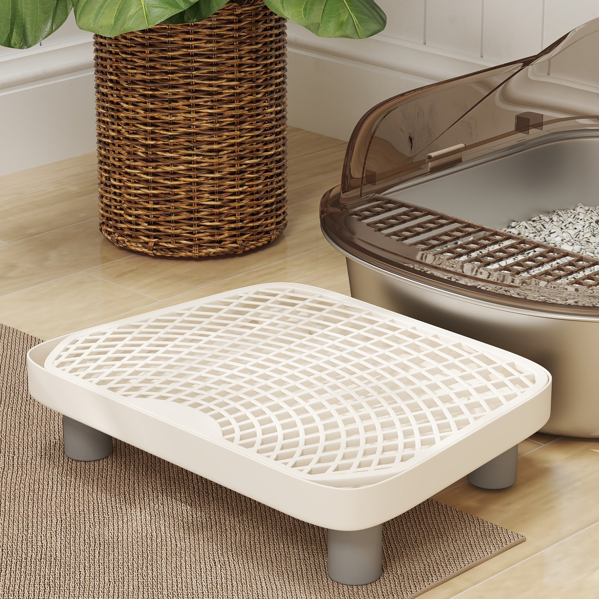 White plastic cat litter box stand with gray legs and grid top for pawhut stainless steel litter box enclosure