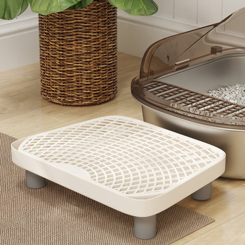 White plastic cat litter box stand with gray legs and grid top for pawhut stainless steel litter box enclosure