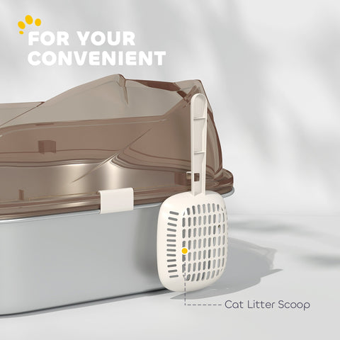 White plastic cat litter scoop with perforated design and handle for easy grip included with pawhut stainless steel litter box