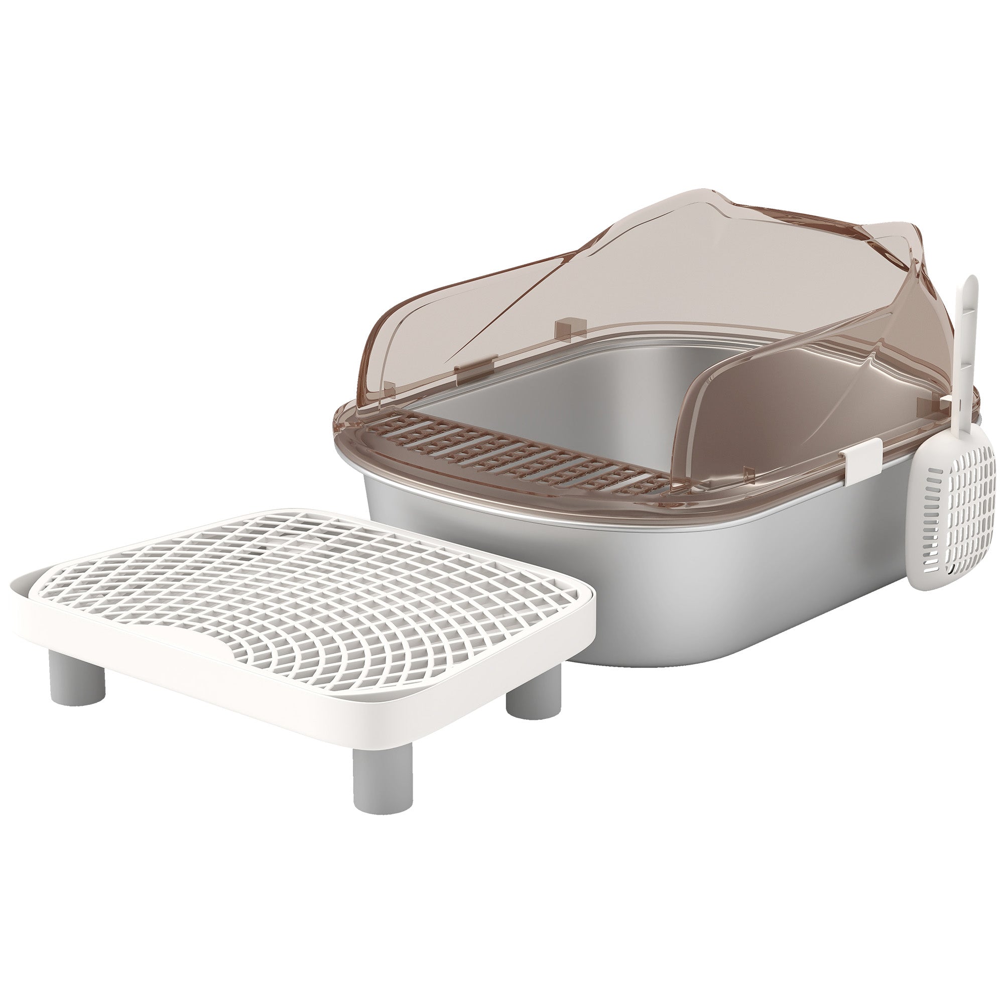 Gray plastic cat litter box with transparent brown lid and white grid tray next to pawhut stainless steel litter box with lid