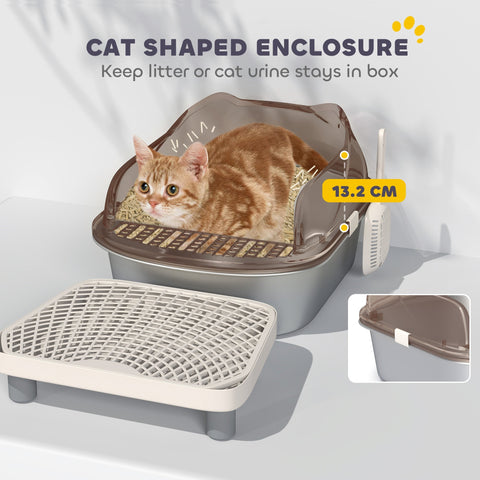 Brown and gray cat-shaped stainless steel litter box with transparent lid and grid base for easy cleaning