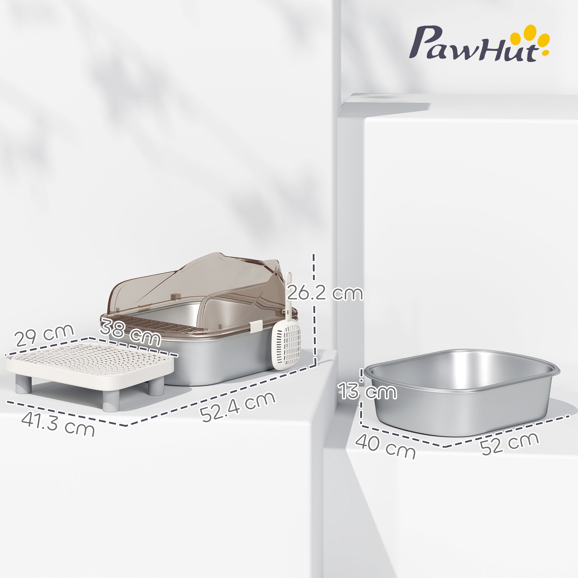 Pawhut stainless steel litter box with high wall enclosure gray lid silver base and matching white tray for easy cleaning
