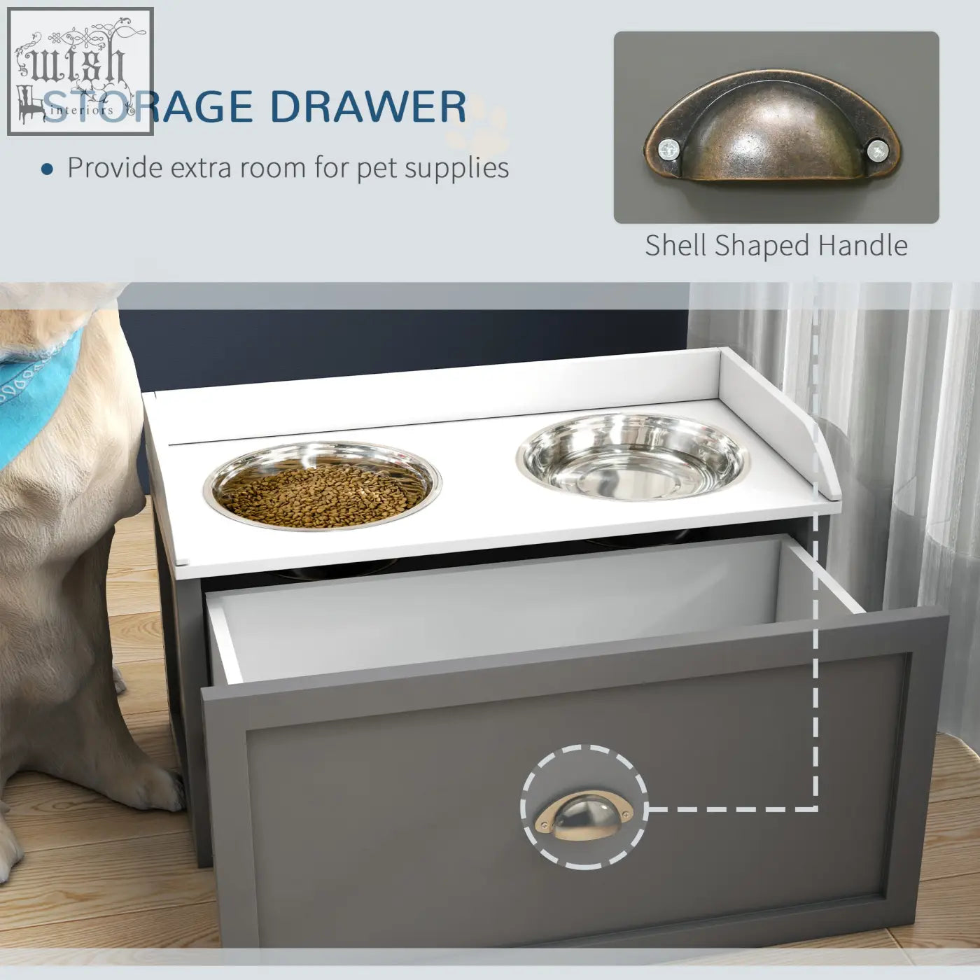 Gray pawhut raised dog feeding station with stainless steel dog bowls and 21l storage drawer with brass handle
