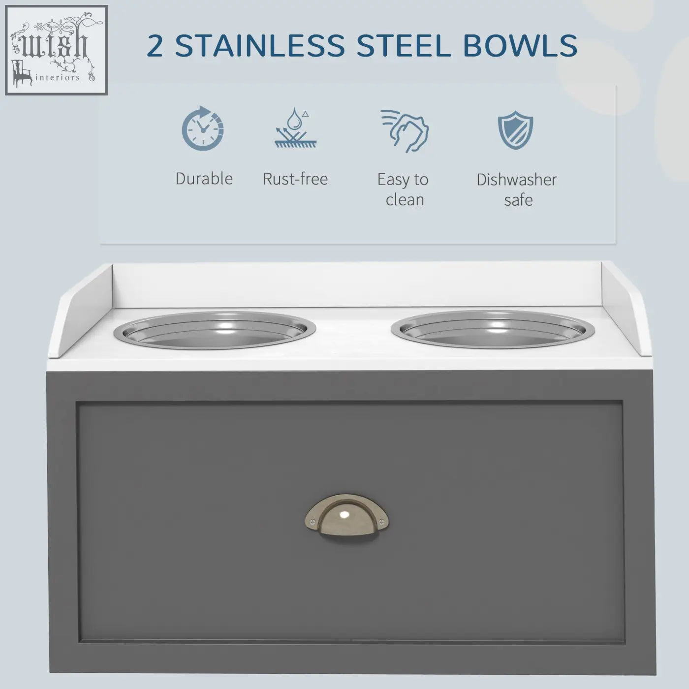 Gray pawhut raised dog storage unit with stainless steel dog bowls set in white countertop for large dogs