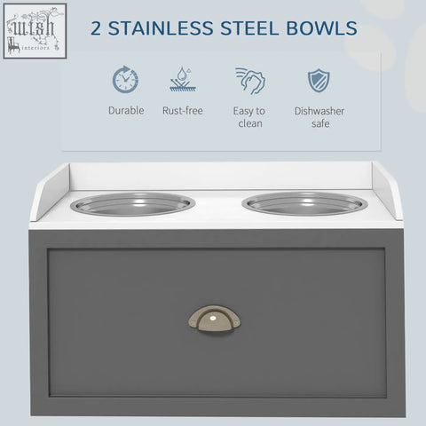 Gray pawhut raised dog storage unit with stainless steel dog bowls set in white countertop for large dogs