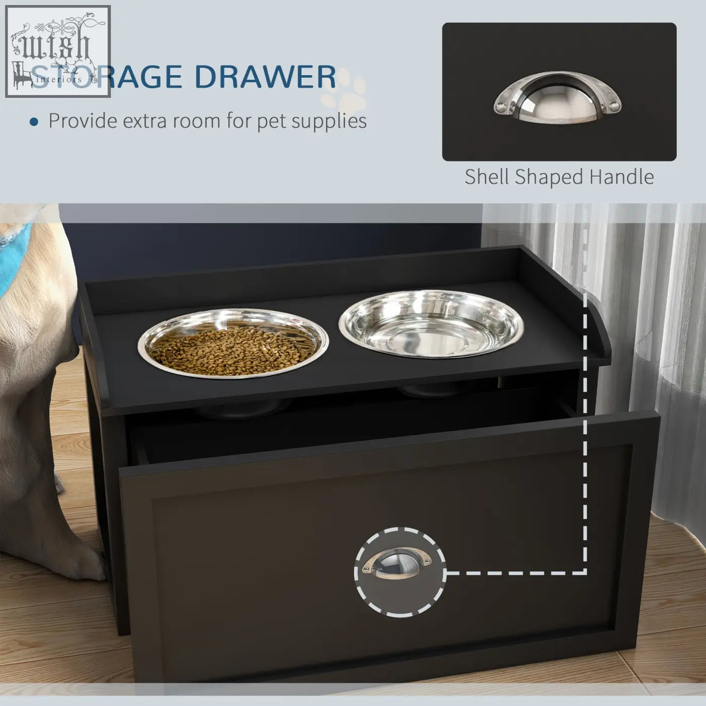 Black pawhut raised dog bowls with stainless steel bowls and shell handle storage drawer for large dogs and cats