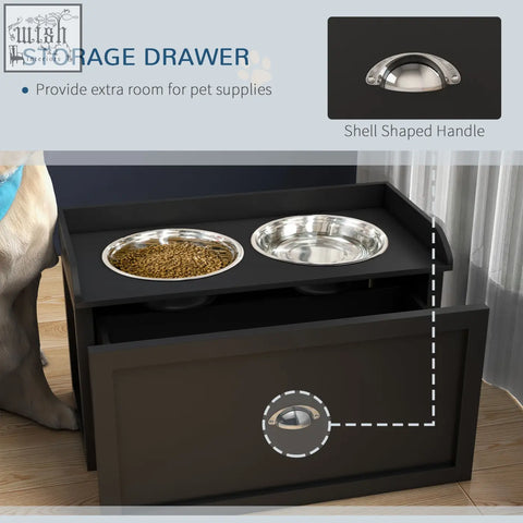 Black pawhut raised dog bowls with stainless steel bowls and shell handle storage drawer for large dogs and cats