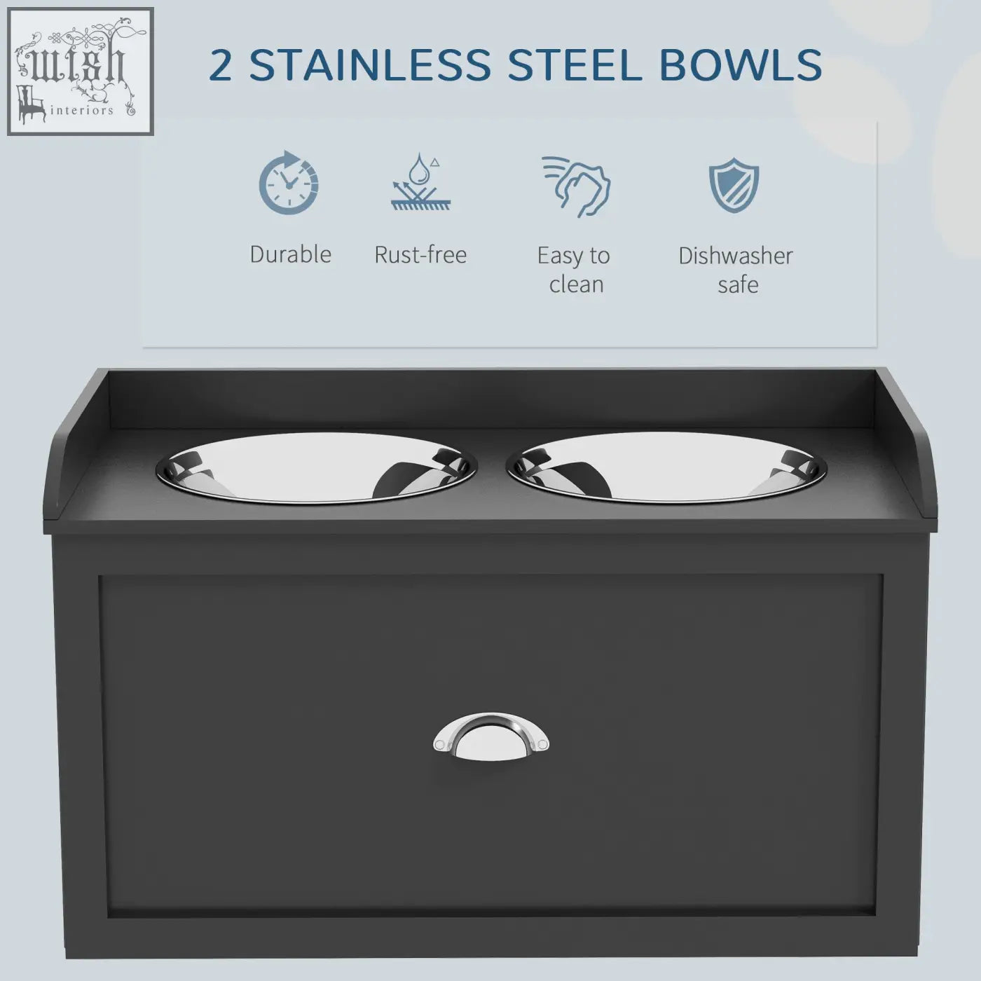Black wooden raised dog bowls with two stainless steel bowls and 21l storage drawer for large dogs and cats