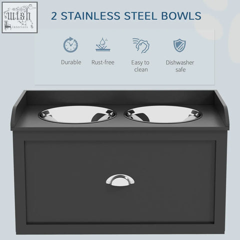 Black wooden raised dog bowls with two stainless steel bowls and 21l storage drawer for large dogs and cats